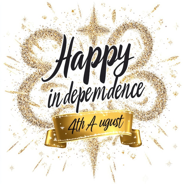 happy independence day with gold ribbon and sparkling fireworks