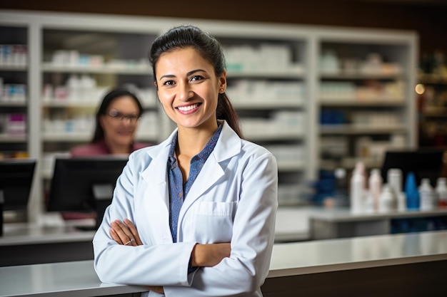 Happy Indian asian female pharmacist standing in a drug store or medicine shop with crossed arms