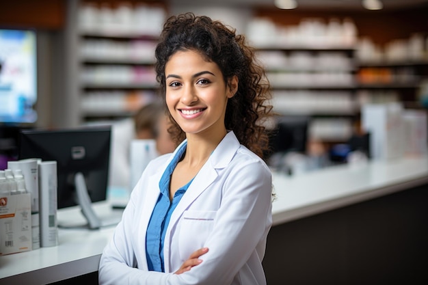 Happy Indian asian female pharmacist standing in a drug store or medicine shop with crossed arms