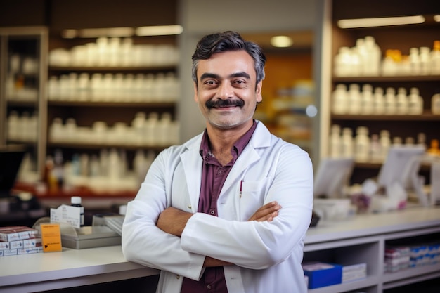 Happy Indian asian male pharmacist standing in a drug store or medicine shop with crossed arms