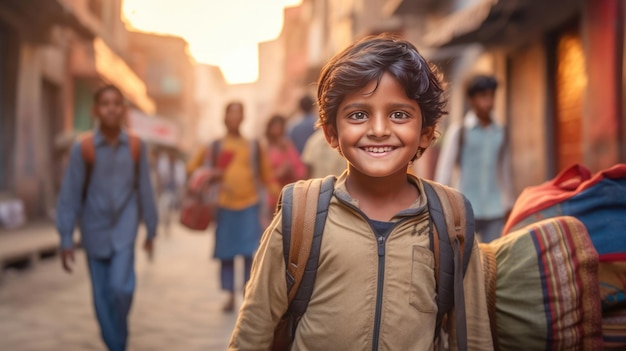 Happy indian boy with backpack going to school Back to school child education concept rural india