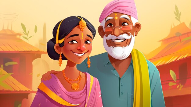 happy indian couple celebrating traditional festival of india illustration