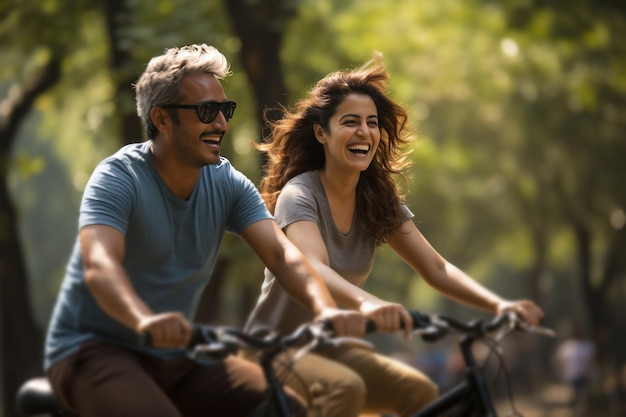 Happy Indian couple riding on bicycle in the park