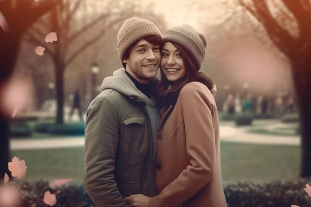 a happy Indian couple standing together in a park posing for a picture They are both smiling