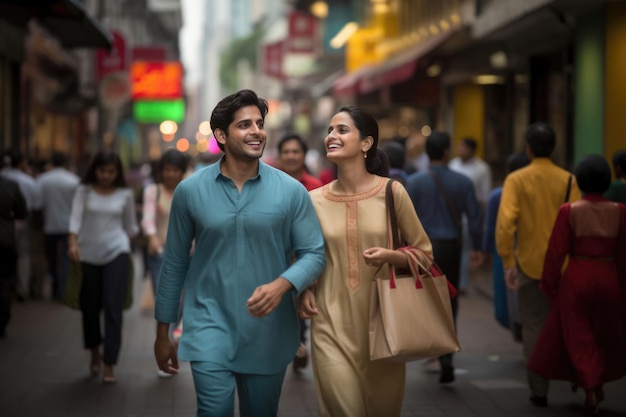 Happy Indian Couple walking in local indian street market