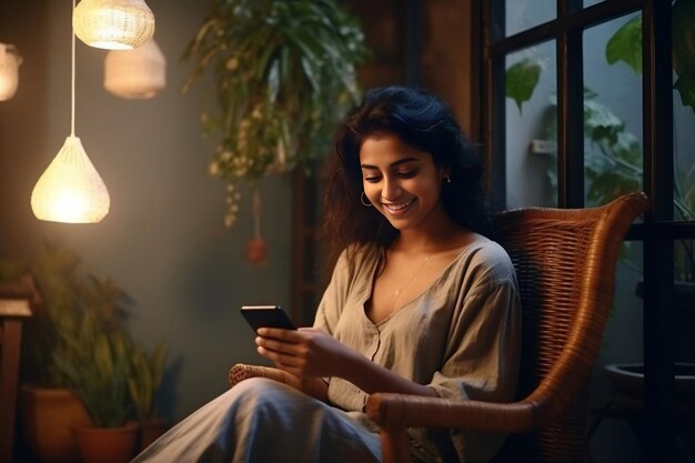 Happy Indian girl relaxing at home sitting in a chair typing on her smartphone using an online ap