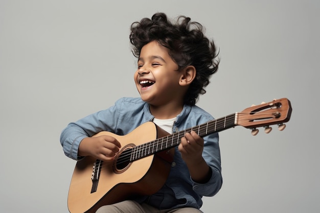 Happy indian kid playing guitar a musical instrument