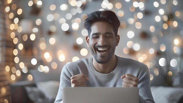 Photo happy indian man celebrating good news on laptop at home or office concept home office indian culture celebration positive news happy expression