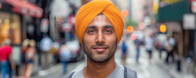 Happy Indian man in orange turban on street portrait closeup