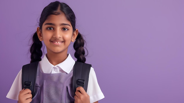 Photo happy indian preteen girl with ponytails in school uniform holding backpack