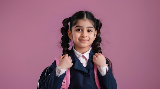 Photo happy indian preteen girl with ponytails in school uniform holding backpack