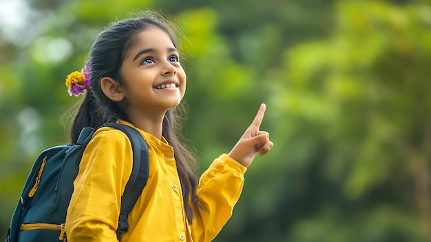 Happy Indian primary elementary school girl with backpack pointing aside at copy space