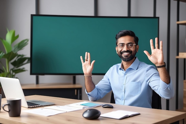 Photo happy indian professional business man teacher business coach or hr manager waving hand remote working by video call having hybrid office online meeting leading training or webinar elearning class