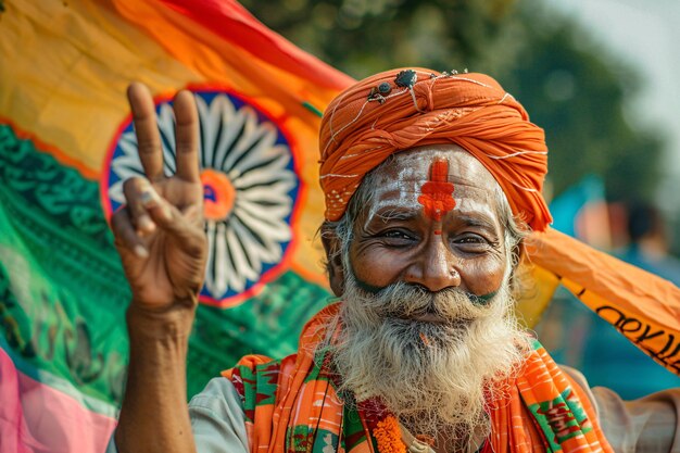 Happy indian sadhu posing with peace sign in front of vibrant indian flag