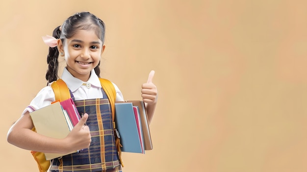 Happy Indian student schoolgirl do thumbs up wearing school uniform holding books an Generative AI