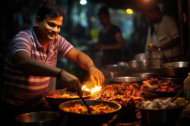 Happy Indian vendor selling streets food in India Generative AI