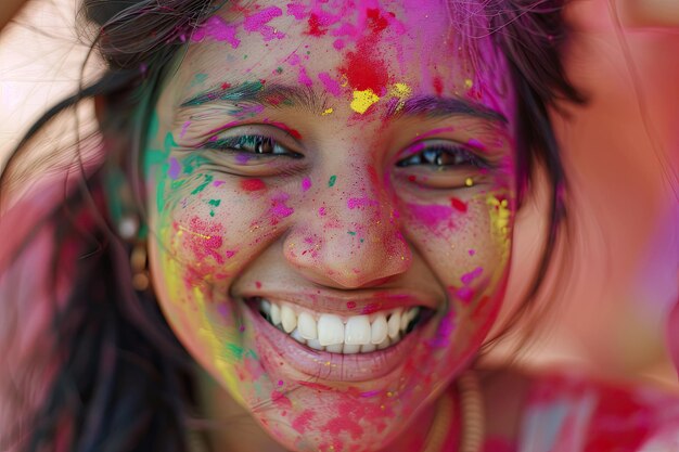 Photo happy indian woman smiling happy holi concept