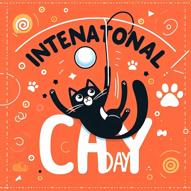 Photo happy international cat day 8th august adopt me greeting or invitation card vector design cute playing cat in vintage cartoon style vector illustration