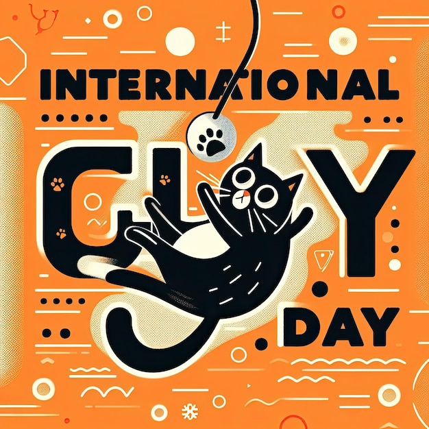 Photo happy international cat day 8th august adopt me greeting or invitation card vector design cute playing cat in vintage cartoon style vector illustration