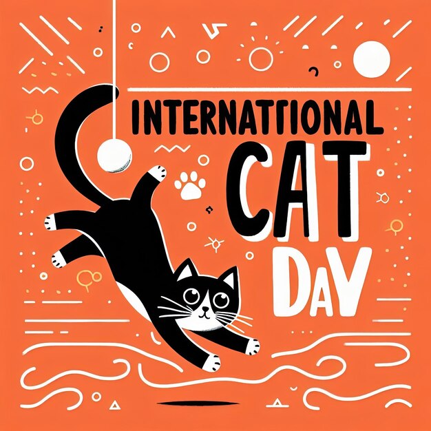 Photo happy international cat day 8th august adopt me greeting or invitation card vector design cute playing cat in vintage cartoon style vector illustration