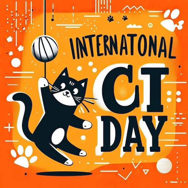 Photo happy international cat day 8th august adopt me greeting or invitation card vector design cute playing cat in vintage cartoon style vector illustration