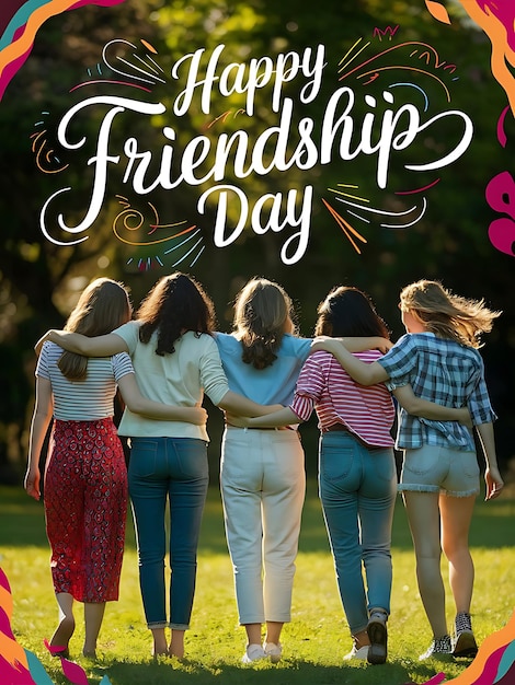 Happy International Friendship Day greeting back view of the friends group