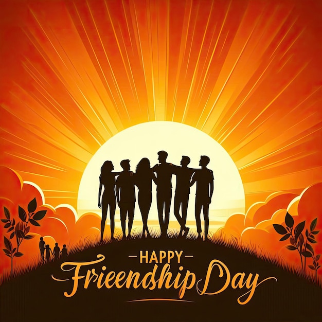 Happy international friendship day greeting card back view of friends group abstract vector illustra