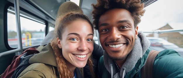 A happy interracial couple enjoys a bus trip to go on vacation