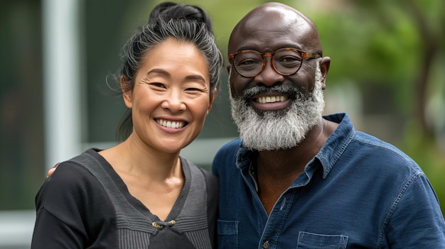 A happy interracial couple smiles for the camera The man has a saltandpepper beard and is wearing glasses