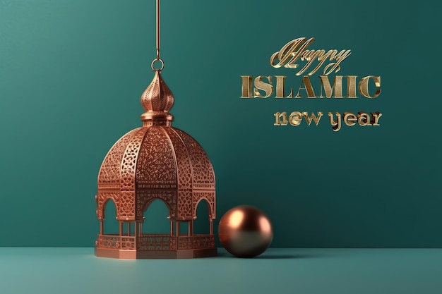 Happy Islamic new year new lunar Hijri year with crescent gold podium arabic lantern mosque 1440 Creative photo poster or banner greeting card copy space Moon