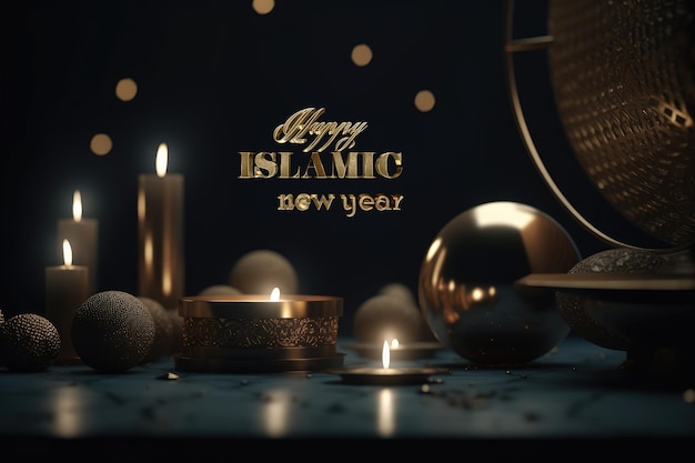 Happy Islamic new year new lunar Hijri year with crescent gold podium arabic lantern mosque 1440 Creative photo poster or banner greeting card copy space Moon