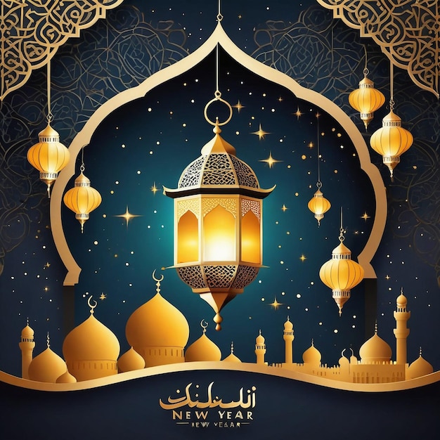 Happy islamic new year social media post with arabic lantern background