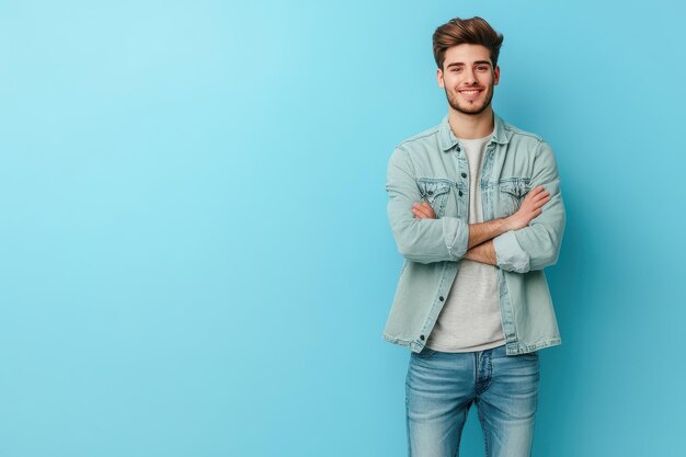 Photo happy italian man with folded arms posing against blue studio background fullbody shot