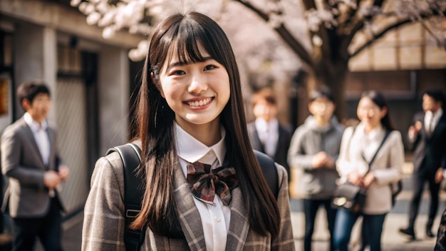 Photo happy japanese female student attending class at university and looking at camera