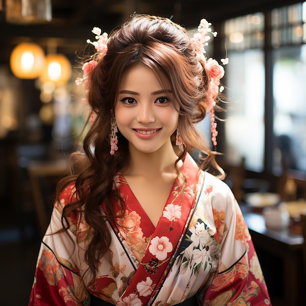 happy japanese girl wearing kimono dress