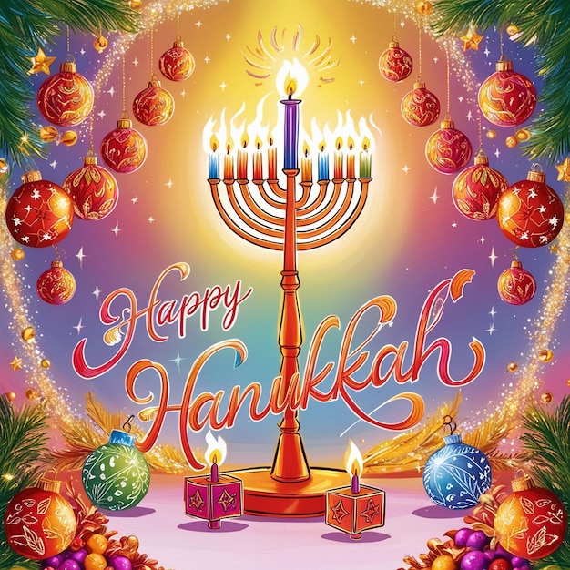 a happy jewish holiday card with a menorah on it