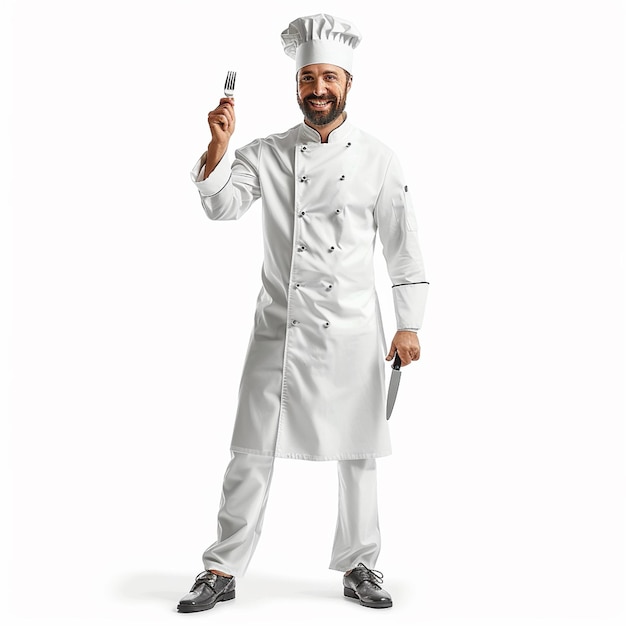 A happy and joyful chef holding knife and spoon