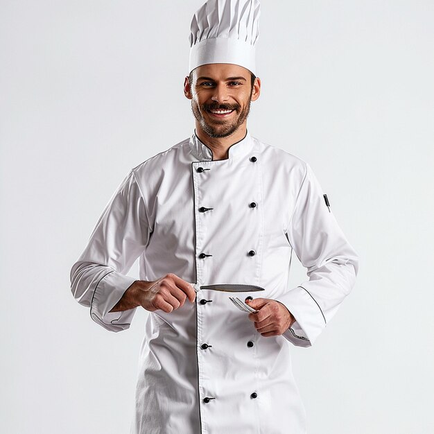 A happy and joyful chef holding knife and spoon