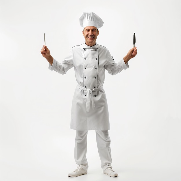 A happy and joyful chef holding knife and spoon