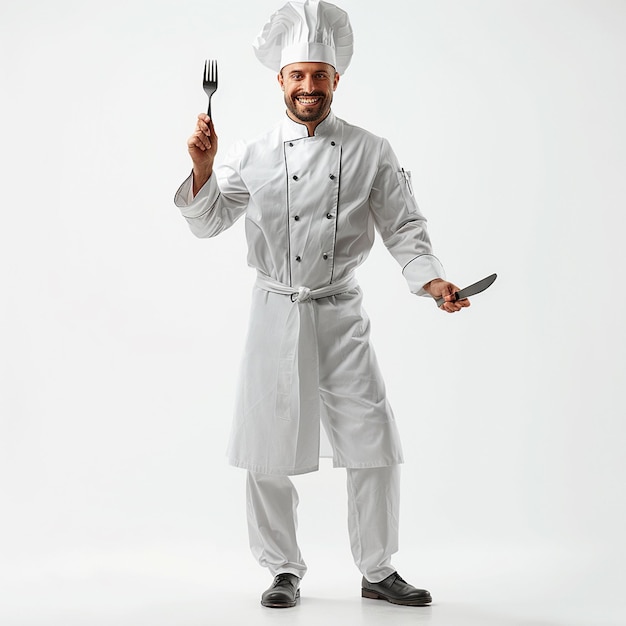 A happy and joyful chef holding knife and spoon