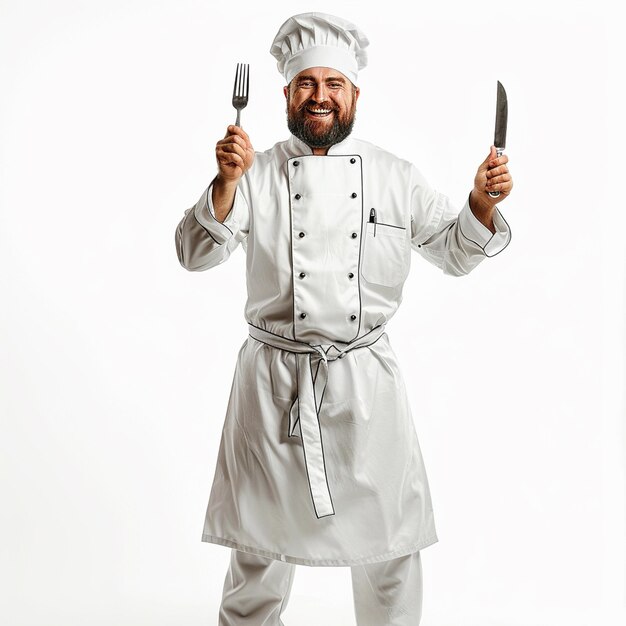 A happy and joyful chef holding knife and spoon