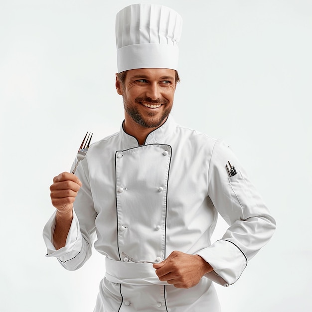 A happy and joyful chef holding knife and spoon