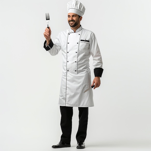 A happy and joyful chef holding knife and spoon