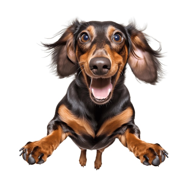 Happy jumping dachshund breed dog isolated in the background Generative AI