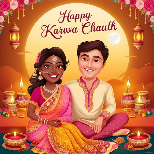 Photo happy karwa chauth celebration a joyful couple adorned in festive attire against a war