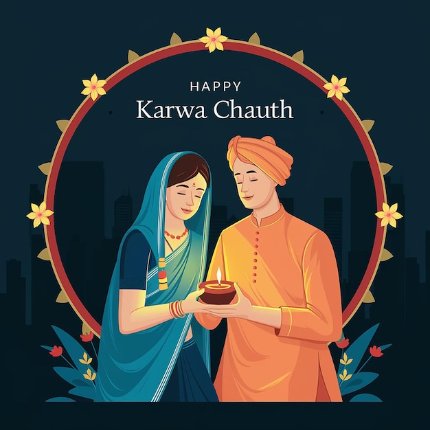 Happy karwa chauth festival with indian copule celebration design