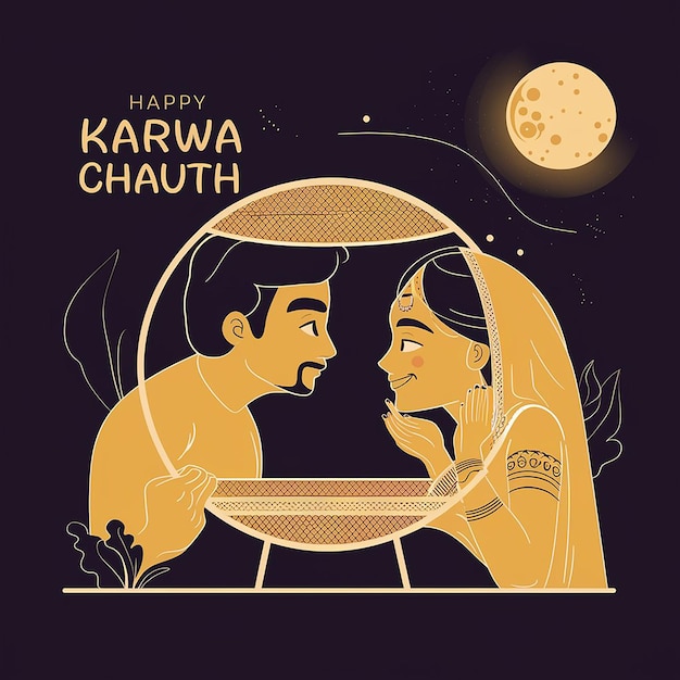 Photo happy karwa chauth festival with indian copule celebration design