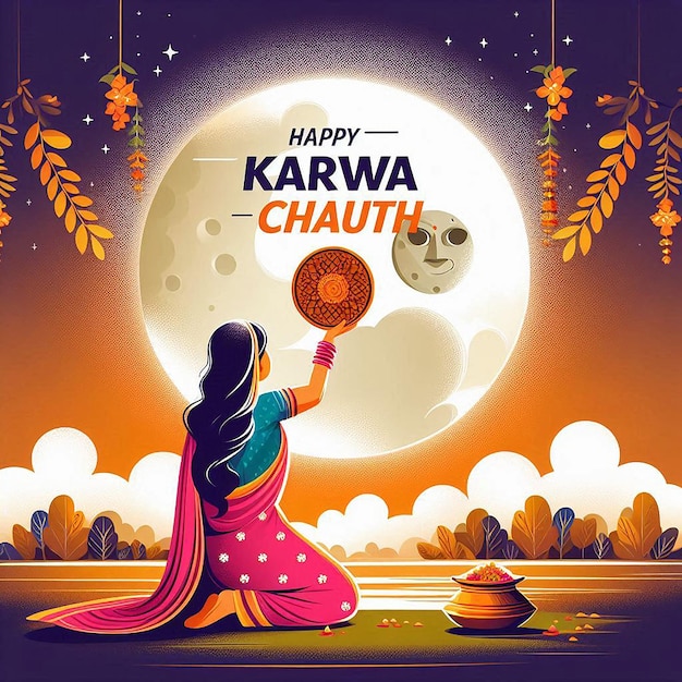 Photo happy karwa chauth festival with indian copule celebration design