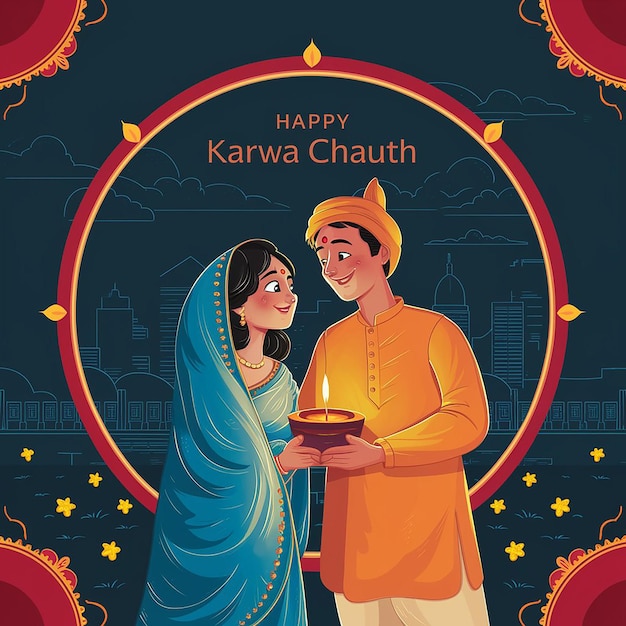 Happy karwa chauth festival with indian copule celebration design