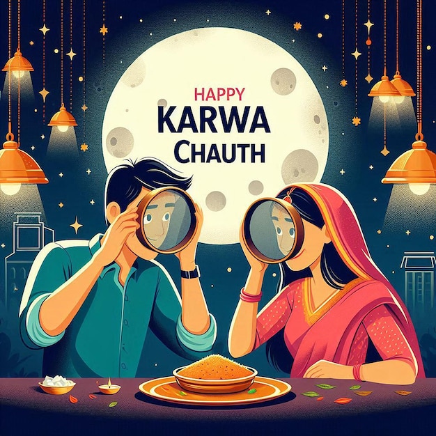 Happy karwa chauth festival with indian copule celebration design